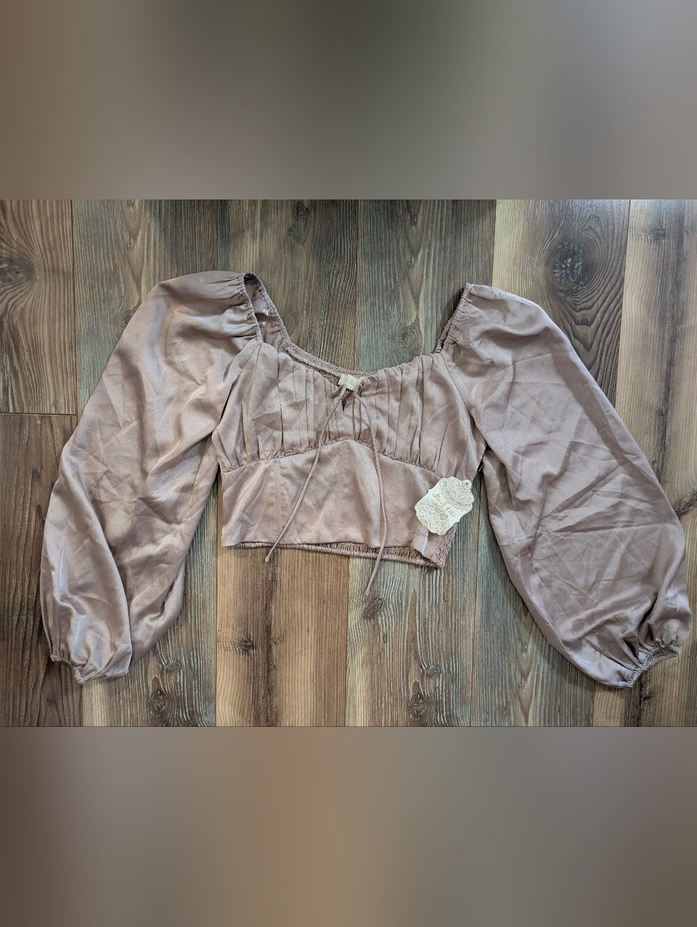 Altar'd State Taupe Brown Cropped Long Sleeve Satin Smocked Blouse Medium NWT